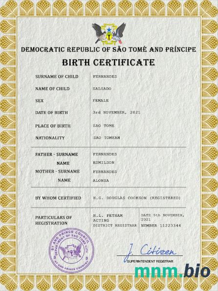Sao Tome and Principe rekord życiowy narodziny certyfikat PSD szablon